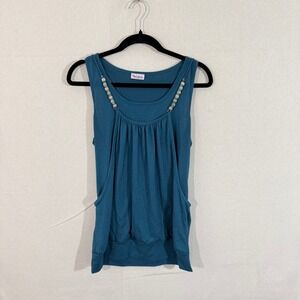 New Mode USA Womens Teal Blue Beaded Draped Pocket Tank Top Boho Racerback L